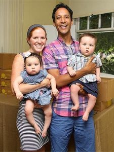 Danny Pudi with his wife Bridget Showalter Pudi and children