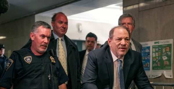     Filmmaker Harvey Weinstein (right) enters New York City Criminal Court on February 24, 2020 in New York City