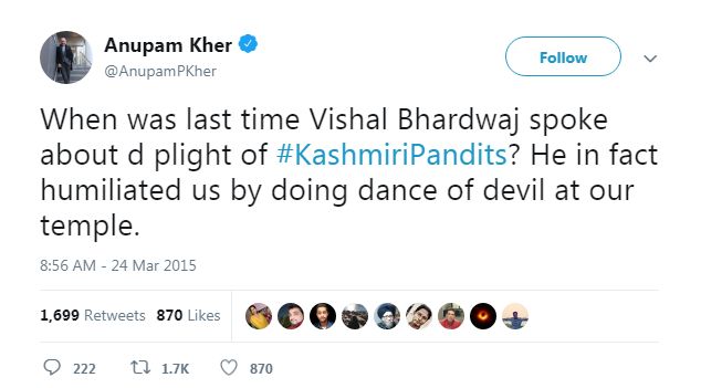 Anupam Kher's tweet on Vishal Bharadwaj