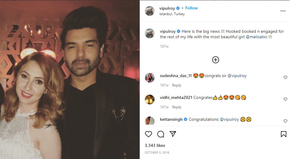 Vipul's Instagram post about his engagement