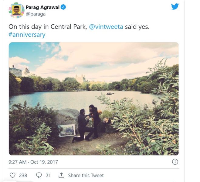 A post shared by Parag Agrawal on his Twitter account while proposing to his wife Vineeta Agrawal