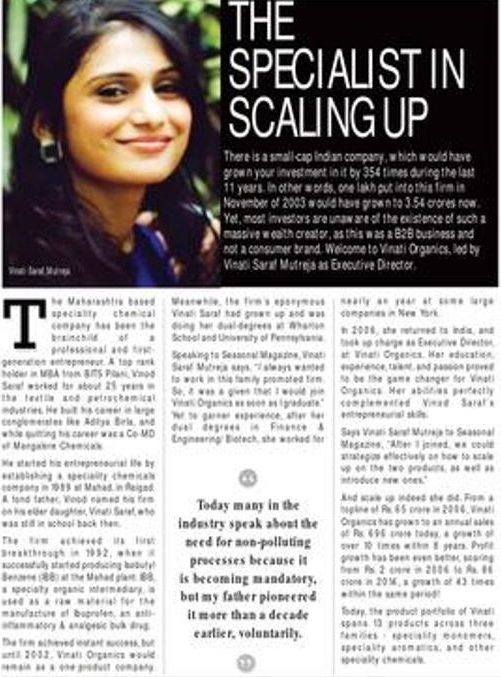 An article published in the magazine related to Vinati Saraf Mutreja's successful business story