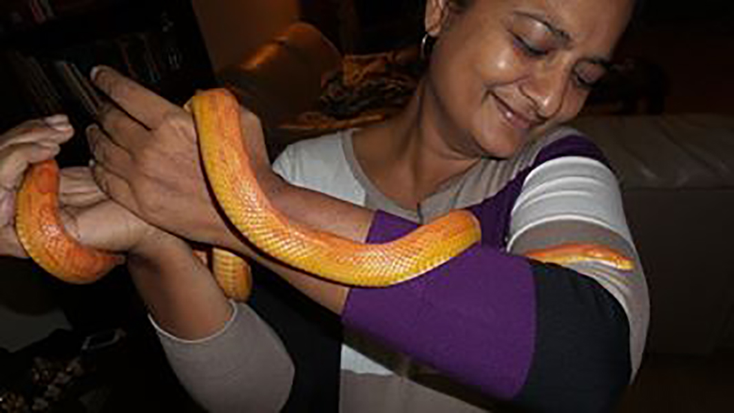 Vijaya Chamundeshwari and her pet snake