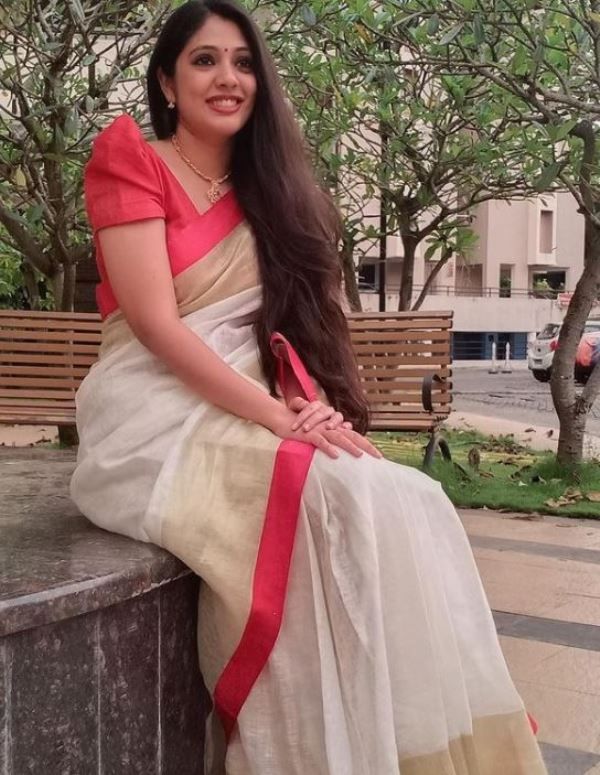 Veena Nandakumar in a sari