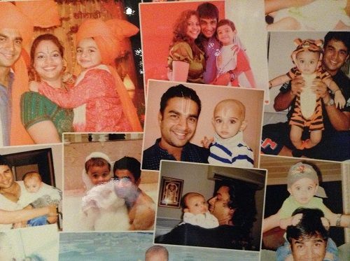 Collage of Vedaant Madhavan and his parents