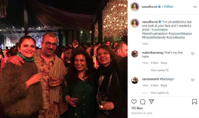 Vasudha Rai holds a glass of wine and captions her drink on Instagram