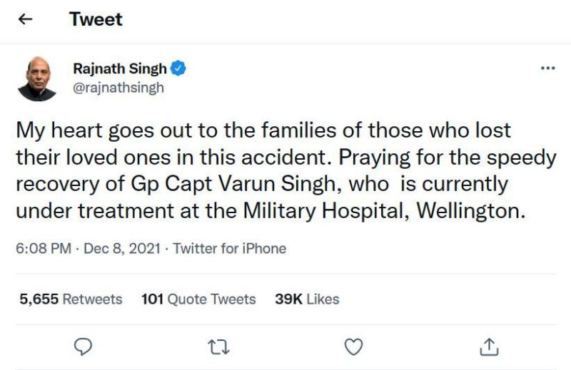 Rajnath Singh tweets for Varun Singh to be reinstated