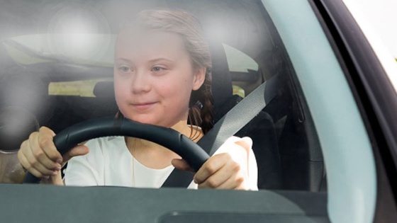 Greta Thunberg drives her car