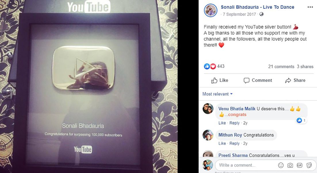 Sonali Bhadauria's Facebook post about winning silver buttons