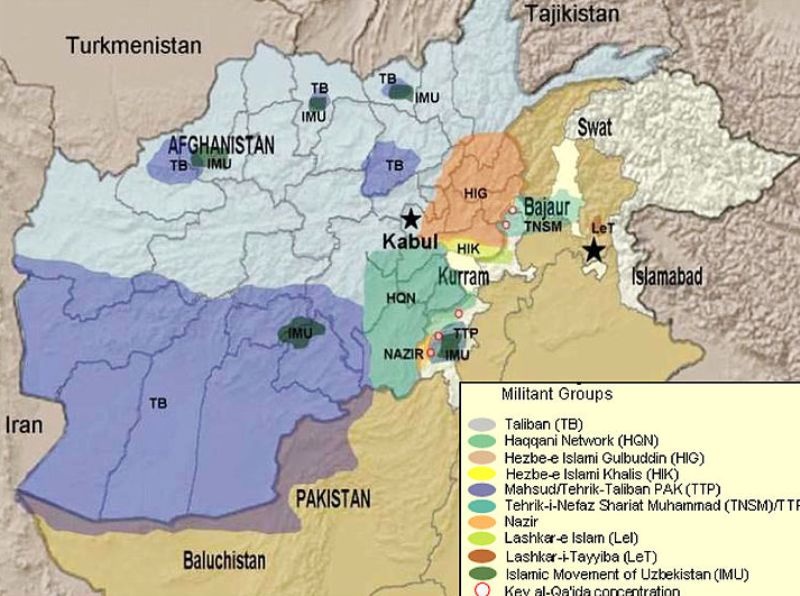 Map showing the distribution of the Haqqani network in Afghanistan