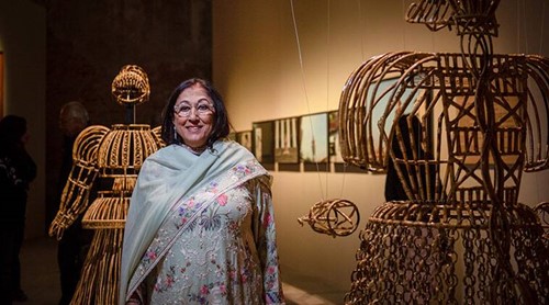 Kiran Nadar with sculptures at her art museum in Delhi