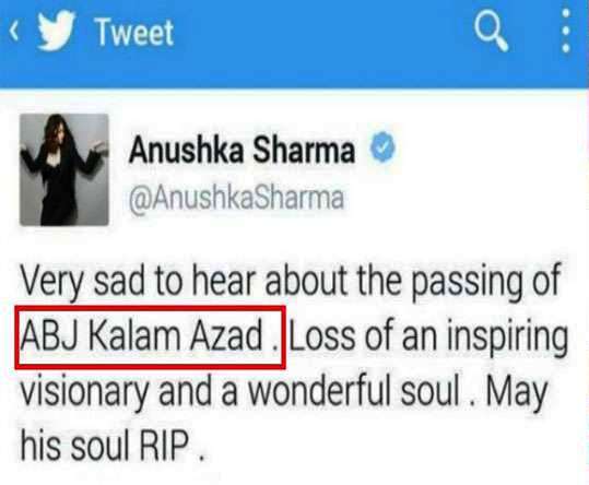 Anushka Sharma tweets on APJ Abdul Kalam
