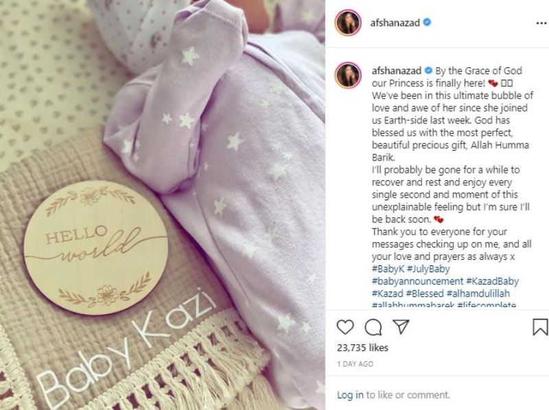 Afshan Azad's Instagram post about her first child, a baby girl